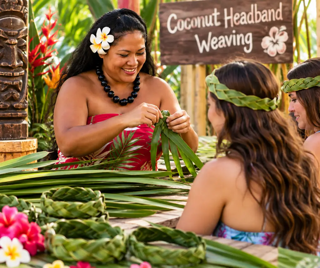 Guests weaving coconut palm frond headbands at a Hawaiian luau activity station