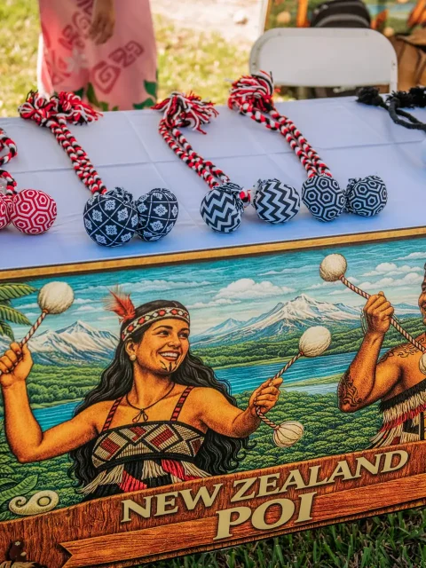 New Zealand poi balls on display at a Poi Ball Expo activity station